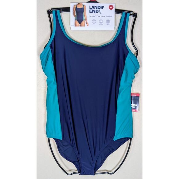 Lands' End Women's Scoop Neck One-Piece Swimsuit Size XL/18 Navy/Green - Picture 3 of 7